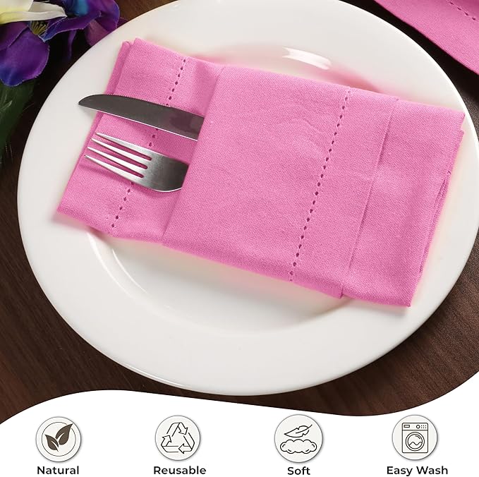 Palisa Pink Dinner Napkins with Hemstitched Detailing Set of 12 18x18 Inch – Cotton Cloth Soft Reusable Napkins for Summer, Restaurant, Table Linen for Weddings & Everyday Use – Pink Color