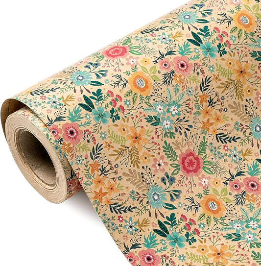 WRAPAHOLIC Kraft Floral Wrapping Paper Roll - Mini Roll - 17 Inch x 33 Feet - Spring Summer Garden Flower Design Perfect for Wedding, Bridal Shower, Birthday