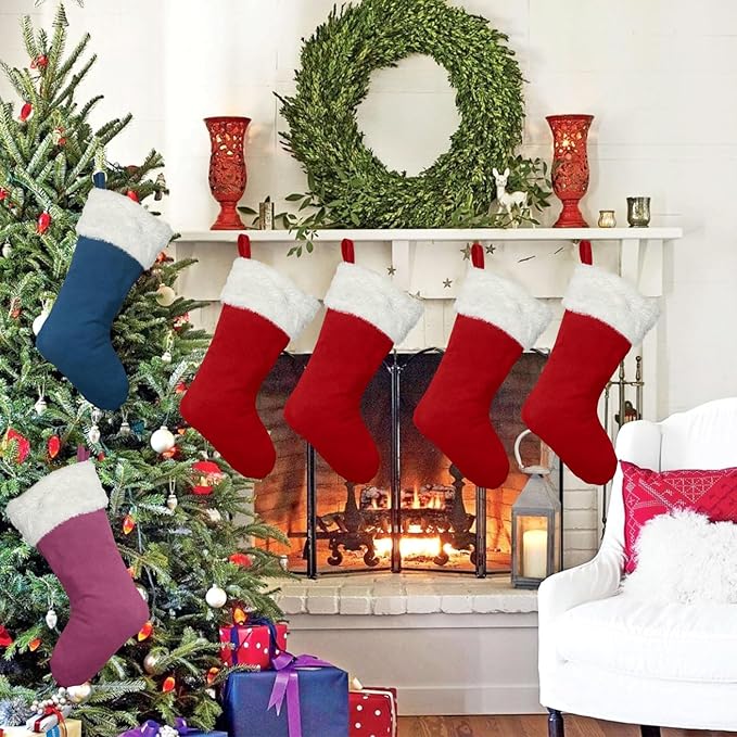 6Pack Red Christmas Stockings Traditional 20 Inch Large Vintage Christmas Stocking Polyester Plush Luxury Xmas Stocking for Family Holiday Party Decor and Xmas Tree Fireplace Mantle Pet