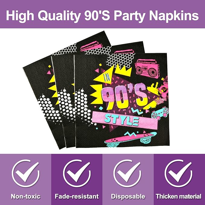 96 PCS Back to the 90s Party Decorations Supplies, Birthday Party Tableware Set 90s Party Dessert Plates Napkins Forks for 24 Guests 80s Favors