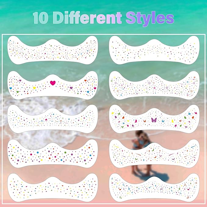 10 Pcs Colorful Glitter Freckles Face Tattoos, Multichrome Rainbow Glitter Freckles Face Tattoos, Waterproof and Long-lasting Face Temporary Tattoos for Women
