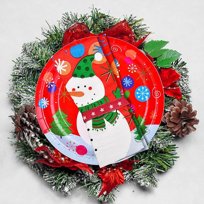 Gatherfun Christmas Party Supplies Christmas Snowman Disposable Paper Dinner Plates and Napkins for Party decorations, Serve 20