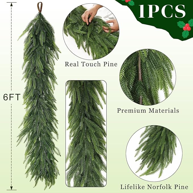 Christmas Norfolk Pine Garlands - 6ft Artificial Garland Faux Green Fake Pine Needles Garland for Fireplace,Table,Window,Stairs,Mante,Holiday Indoor Outdoor Xmas Decor(1PCS)