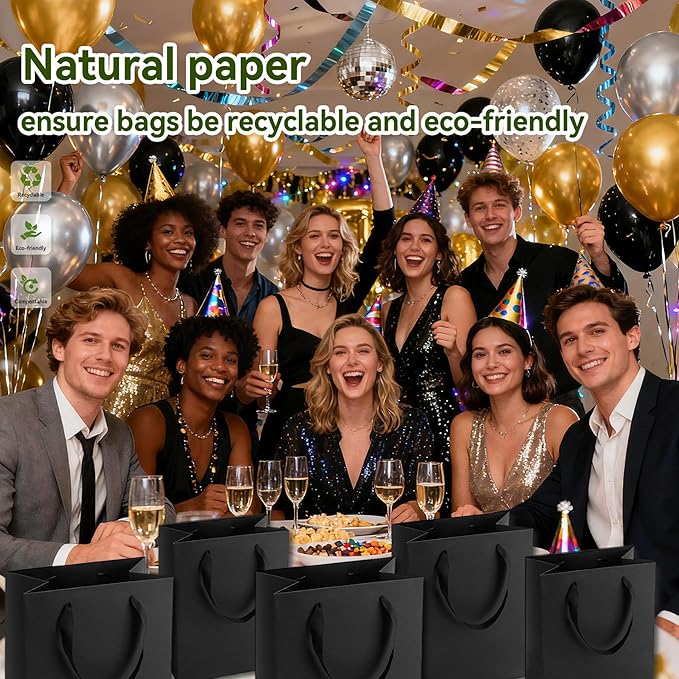 Black Gift Bags With Handles, 8x5x10 Inch Sturdy Kraft Paper Gift Bags 50 Pcs, Bulk for Wedding, Party, Birthday, Business and Shopping, Medium Size