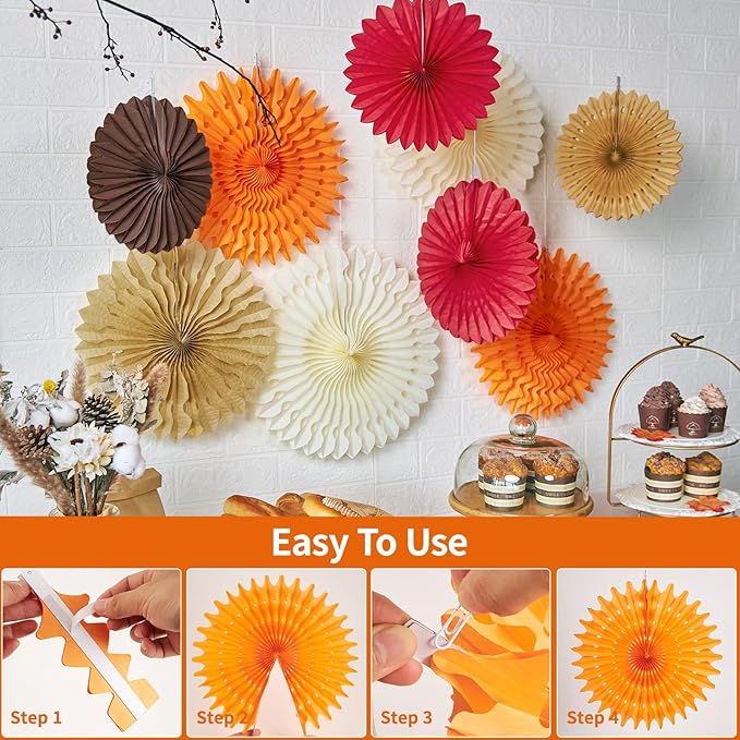 Fall Party Decorations, Fall Hanging Paper Fans, 100 Pcs Artificial Maple Leaves, Fall Leaves Garland, Fall Hanging Decorations, Pumpkin Orange Colors for Thanksgiving, Harvest Home Decor