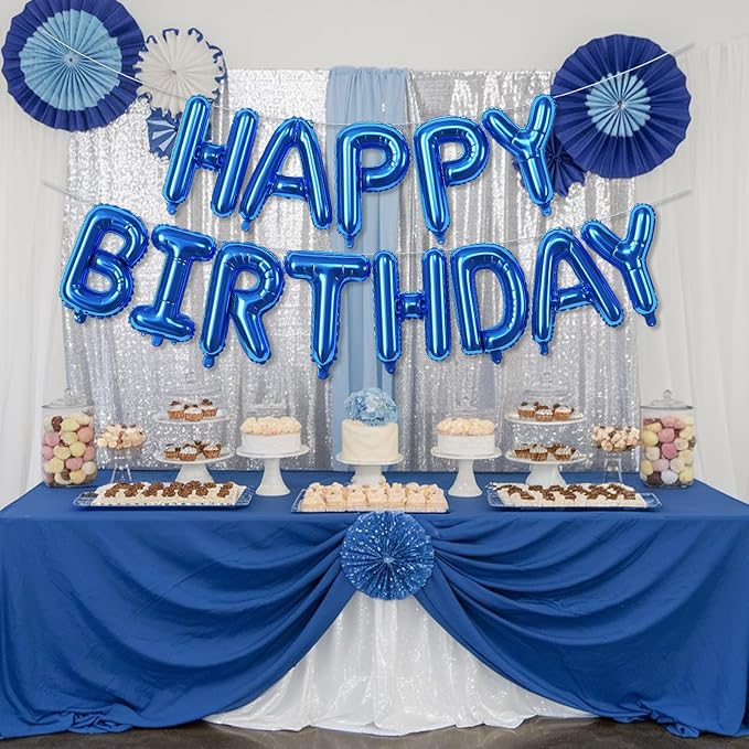 Happy Birthday Balloons Letters Banner, Blue Happy Birthday Bunting Balloon, 16 Inch Self Inflating Birthday Mylar Foil Balloons Banner with Ribbon for Boys Men Birthday Party Decorations Supplies