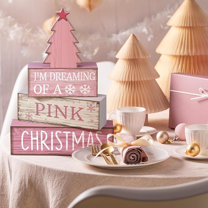 4 Pcs Christmas Table Decoration Wooden Pink Christmas Tree Centerpieces Decor Winter Tiered Tray Decor Rustic Decorative Tree Block Signs Gift Farmhouse Xmas Decoration for Home Kitchen