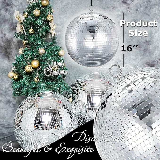 16-Inch Large Disco Ball – Big Hanging Mirror Ball Disco Ball Decor for Disco Party Decorations, Weddings, Events, Disco Christmas Decor, and Home Celebration