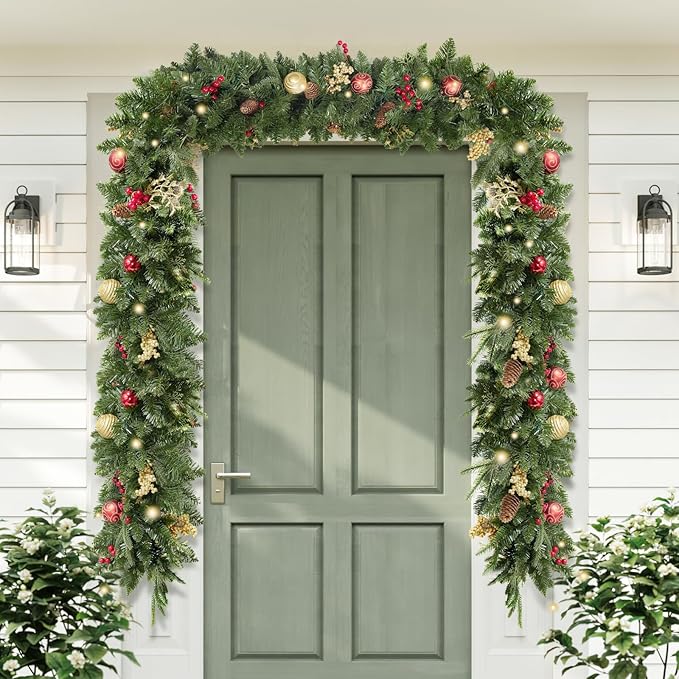 9FT Artificial Christmas Prelit Garland with 50 White Light, Pulg in, Pine Cones, Gold and Red Ball, Red Berris Mantle for Indoor Holiday Door Home Decorations Stairs Fireplaces Wall