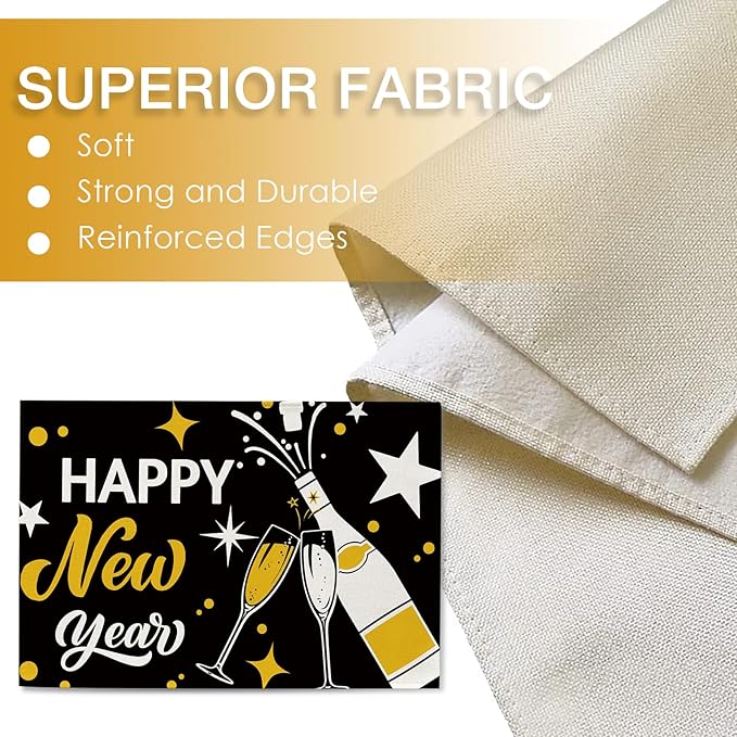 Seliem Happy New Year 2026 Black Gold Placemats Set of 4, Golden Champagne Stars Celebration Dining Table Place Mats, Christmas Kitchen Decor Home Decoration 12 x 18 Inch
