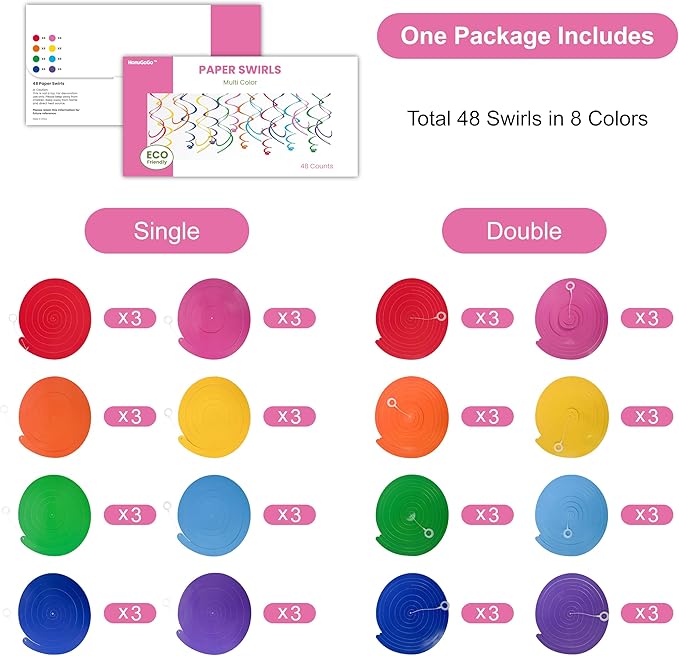 48‑Piece Multi-Color Paper Swirl Decorations – Hanging Party Swirls for Birthday, Baby Shower, Wedding & Celebration Decor