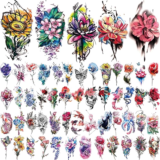 77 Sheets Temporary Tattoo, 17 Sheets Half Arm Flower Rose Skull Butterfly Snake Fake Tattoos for Adults, 60 Sheets Tiny Waterproof Temporary Tattoos Body Art Sticker Realistic for Women Girls or Kids