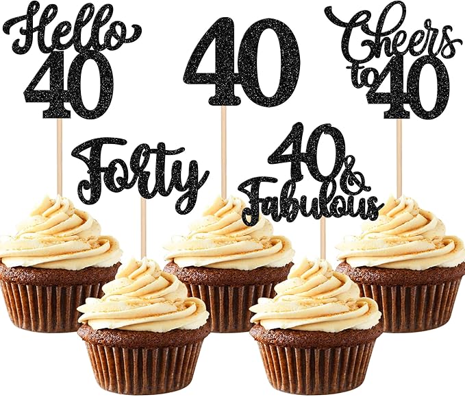 30PCS Happy 40th Birthday Cupcake Toppers Glitter Hello 40 Fabulous Forty Cheers to 40 Years Old Birthday Cupcake Picks for Happy 40th Birthday Anniversary Party Cake Decorations Supplies Black