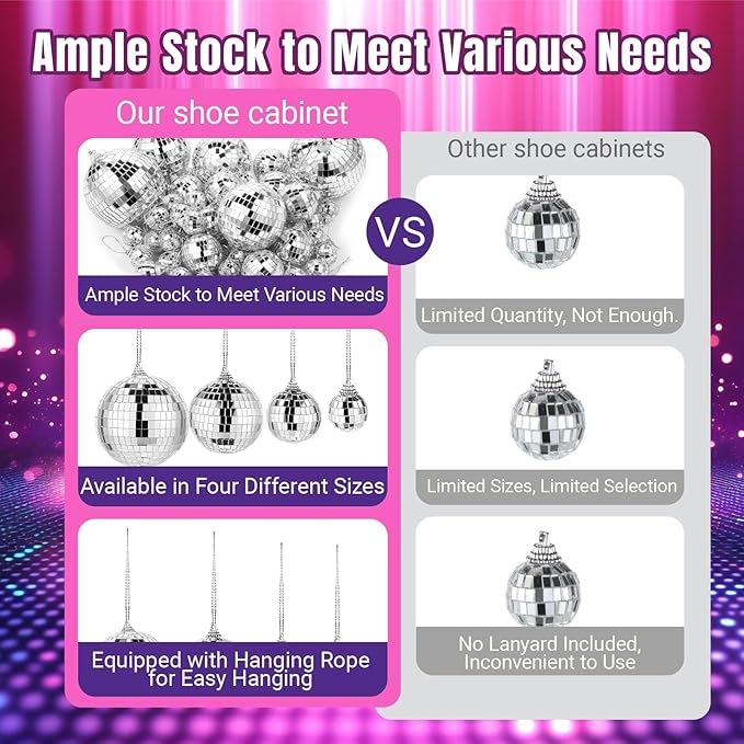 50 Pcs Disco Ball Decor Mirror Silver Disco Balls Hanging Ornaments Mini Disco Cake Topper for Home Wedding Birthday Dance Music 70s Themed Party Christmas Tree Ornaments (1.2'',2'',3.2'',4'')