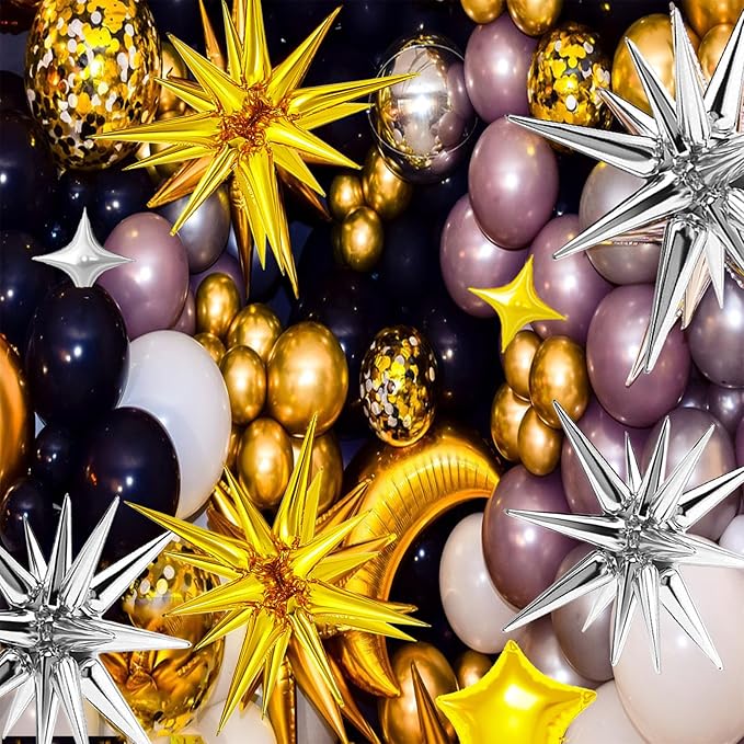 22 Pcs Star Balloons,22/18/10 Inch Star Foil Mylar Balloon,Spike Balloon and Four Pointed Balloons for Party Supplies Christmas Birthday Wedding Photo Booth (Gold Silver)