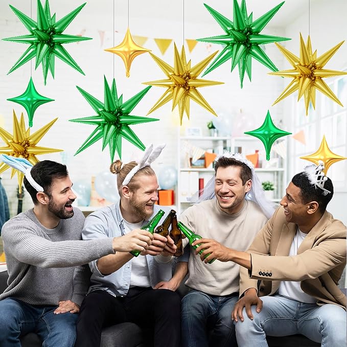 18 Pcs Green Gold Star Balloons, Gold and Green Balloon with 6 Pcs 22-Inch Explosion Star Balloons 12Pcs 10-Inch Four Pointed Stars Foil Balloon for Anniversary Disco Birthday Party Decorations