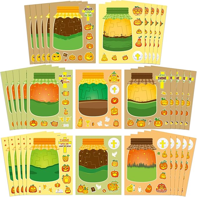 CY2SIDE Fall Religious Pumpkin Jar Sticker - 40PCS Fall Jesus Cross Pumpkin Jar Scene Make a Face Sticker Games for Kids Classroom Rewards, Autumn Theme Thanksgiving Church Sunday School Activities