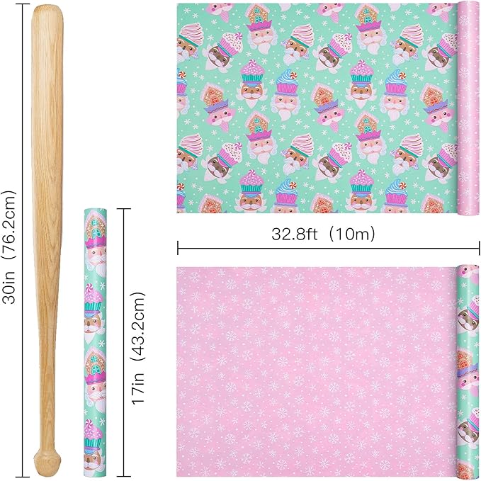 RUSPEPA Christmas Reversible Wrapping Paper Roll for Kids Girls, Mini Roll, Cute Santa Claus with Sweet Treats Design and Pink Snowflake for Holiday Gifts and Christmas Party, 17 Inches X 16.4 Feet