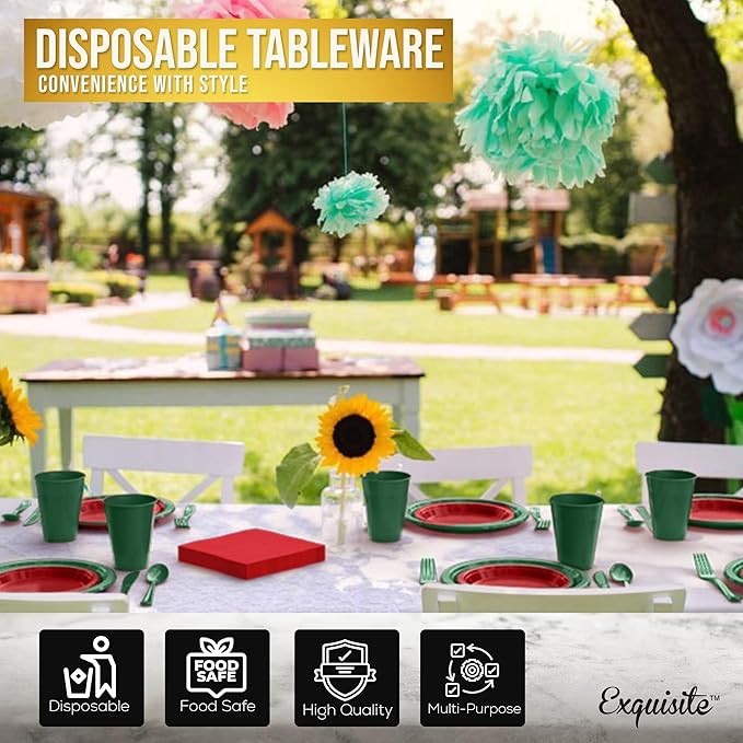 Party Solids 350 Pieces Red & Green Christmas Plastic Plates For Party, Christmas Disposable Plates Set, 50 Of Each 9" Dinner Plate Set, 7" Dessert Plate, Cups, Napkins & Cutlery Plastic Dinnerware