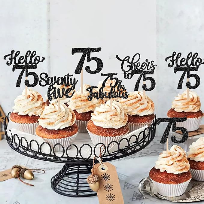 30PCS Happy 75th Birthday Cupcake Toppers Glitter Hello 75 Fabulous Seventy Five Cheers to 75 Years Old Birthday Cupcake Picks for Happy 75th Birthday Anniversary Party Cake Decor Supplies Black