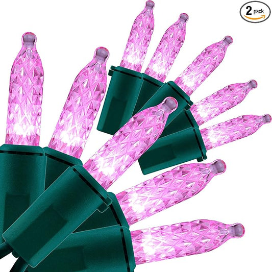 YULETIME Pink LED Faceted Christmas Lights 200 Count 50 ft, Pack of 2 Strands 25 ft 100 Lights UL Certified Commercial Grade Green Wire Mini Holiday String Light Set (Pink)