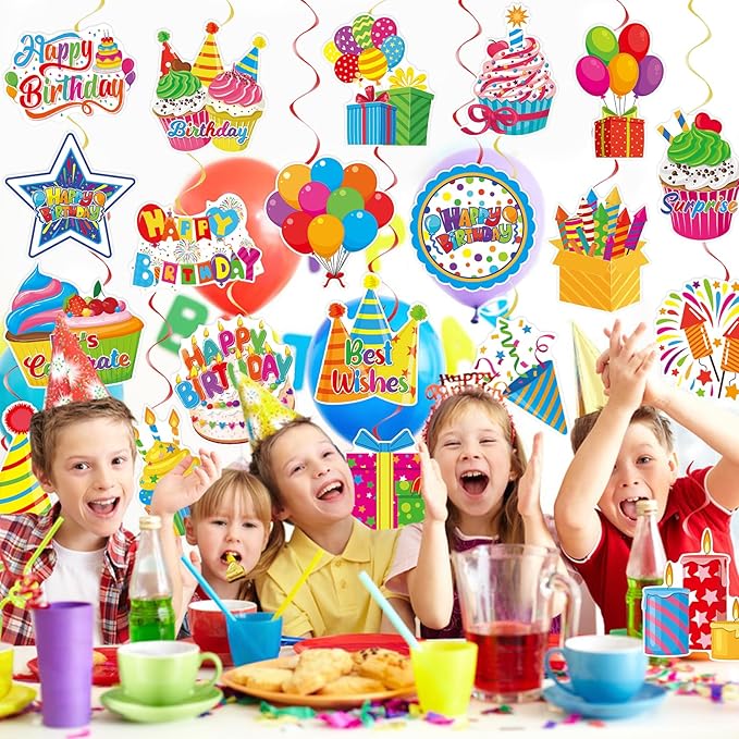 40Pcs Birthday Hanging Swirl Decorations, Colorful Cupcake Balloons Hat Sign Swirl Decor Happy Birthday Hanging Ornaments for Boy Girl Kid Party Supplies
