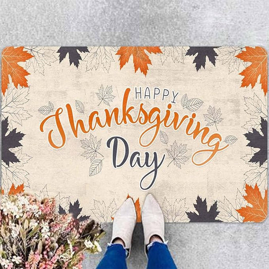 InterestPrint Happy Thanksgiving Day Door Mat Outdoor for Front Door, Fall Maple Leafs Welcome Doormat Non-Slip Washable Autumn Leaves Doormat Entrance Rug for Indoor Outdoor