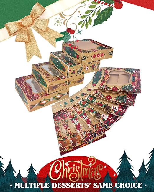 qiqee Christmas Kraft Cookie Boxes with Window 30packs 8x8x2.5 Inch Bakery Box Pastry Box for Christmas