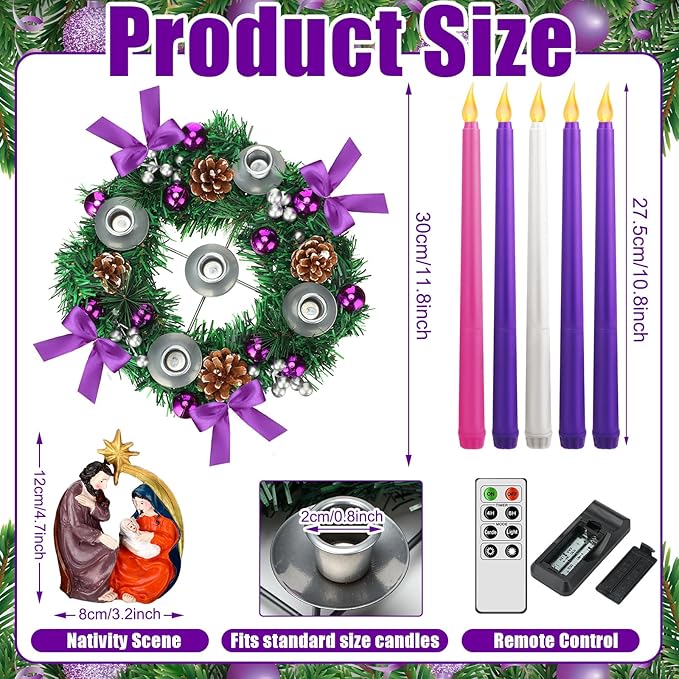 Tioncy 12 Inch Christmas Advent Wreath Candle Holder with 5 Flameless Candles Remote Control Wreaths Holder Centerpiece Decoration with Berries(Nativity Scene,11 x 0.8 x 0.8 in)