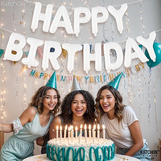 KatchOn, White Happy Birthday Balloons Banner - 16 Inch | Foil Balloon Banner for Happy Birthday Decorations | Balloon Letters Sign For White Birthday Party decor