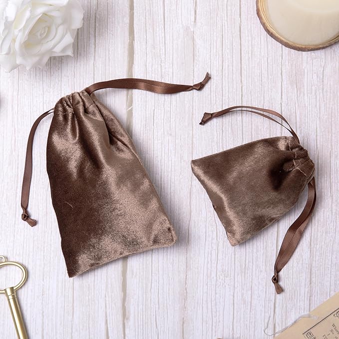 QIANF 12pcs Brown Velvet Drawstring Bags 4x6 inches Glossy Small Velvet Cloth Gift Bags Jewelry Pouches for Storage Wedding Party Favor Christmas