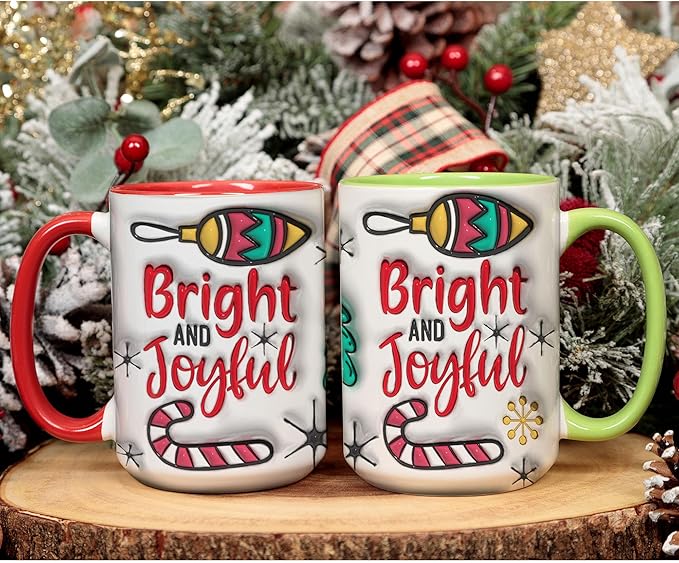 Bright And Joyful Christmas Inflated 3D Wrap Mugs, Two-Tone Accent Ceramic Coffee Drinking Cups, 11oz 15oz