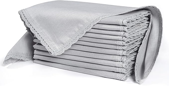 Ramanta Home Linen Flax Cloth Napkins Set of 12| 18x18 Inch | Premium Cotton Linen Flax Lace Soft & Durable | Washable Ideal for Everyday Use Parties Thanksgiving Christmas Halloween Grey