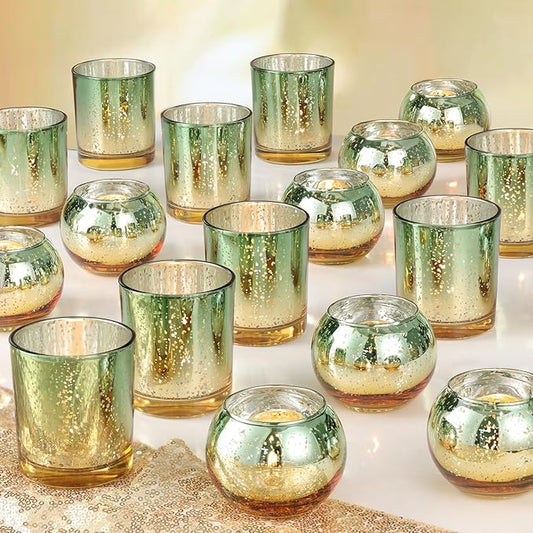 Volens 30pcs Assorted Green Votive Candle Holders Bulk, Large Mercury Glass Votive for Wedding Table Centerpieces, Green and Gold Themed Party Decorations and Home Decor