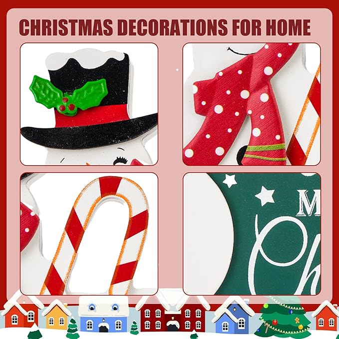 Christmas Decorations for Home Farmhouse Snowman Decor Indoor Wooden Merry Christmas Sign Rustic Winter Vintage Holiday Block Tabletop for Kitchen Xmas Party Mantel Tiered Tray Gift