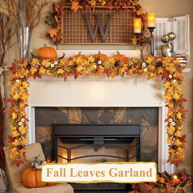 Fall Garland with Lights Outdoor 6FT Autumn Fall Leaves Garland with Pinecones Berries 30 Warm Lights Thanksgiving Christmas Fall Decorations for Home Table Farmhouse Porch Fireplace (Fall Orange)