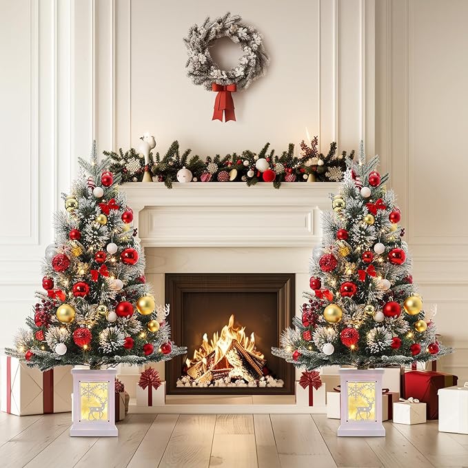 3 ft Mini Christmas Tree with Premium 78 Warm White Led, 8 Mode Xmas Pine Tree for Christmas Decoration, Party Decoration, Home, Office, Snow Flocked White Moose Base 2 Pack