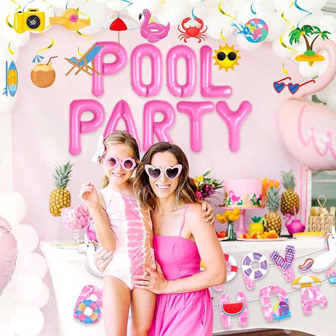 Summer Pool Beach Party Decoration, Pink Pool Party Balloon, Summer Birthday Bash Party Decorations Tropical Balloons Banner for girls Swimming Water Luau Tropical Hawaii Party Decoration Supplies