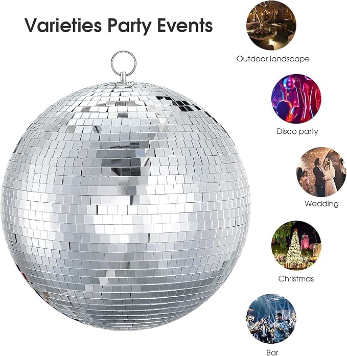 Mirror Disco Ball Sumono 12 Inch Mirror Ball Lightning Ball with Hanging Ring for DJ Club Stage Bar Party, Wedding Holiday Decoration