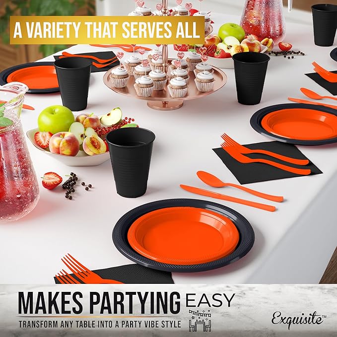 350 Pcs Orange & Black Plastic Plates For Party, Orange & Black Disposable Plates Set, 50 Of Each 9" Dinner Plate Set, 7" Dessert Plate, Cups, Napkins & Cutlery Plastic Dinnerware Party Solids