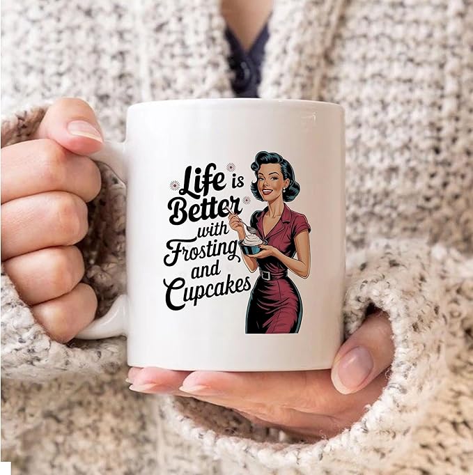Retro Women Frosting & Cupcakes Sarcastic Coffee Drinking Cup, White Ceramic Mugs, 11oz 15oz