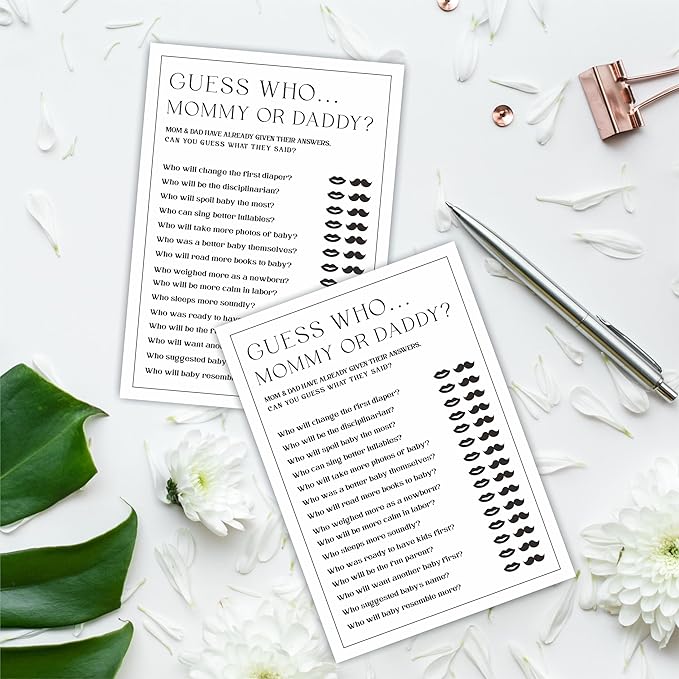 5" X 7" Baby Shower Party Games-Set Of 30 Minimalism Black & White-Mommy Or Daddy Game For Guest-Wishes For Baby-Baby Announcement Gender Reveal Game Card 03