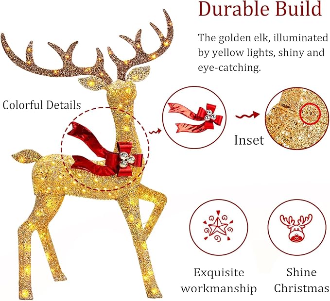 2025 New 3D 58 Inch Large Christmas Deer Family Set, 3-Piece Lighted Reindeer Decoration for Indoor Outdoor Front Yard Porch with 210 LED Jump Lights, Plug - Gold
