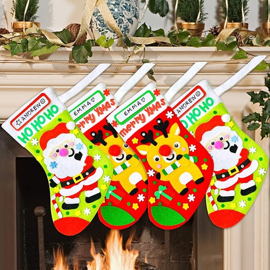 VKPI 4 Pieces Felt Christmas Stocking Craft Kits for Kids, Small 9.1" DIY Personalized Hanging Stocking, Christmas Ornament Gift, for Xmas Holiday, Party, Decorations, Santa Claus Reindeer