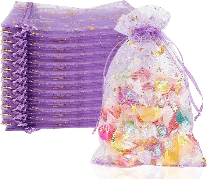 Moon Star Organza Bags 4x6 Small Mesh Bag Drawstring 50 Pcs Mesh Gift Bags Drawstring Pouch Wedding Favor Bags Jewelry Pouches Bulk Gift Pouch for Candy Soaps Birthday Festival Party Supplies, Purple