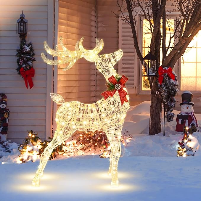 Tangkula 4.4 FT Christmas Lighted Reindeer, Outdoor Yard Christmas Decorations with 120 LED Lights, Artificial Xmas Décor with Stakes and Zip Ties, Indoor/Outdoor Festive Holiday Decoration