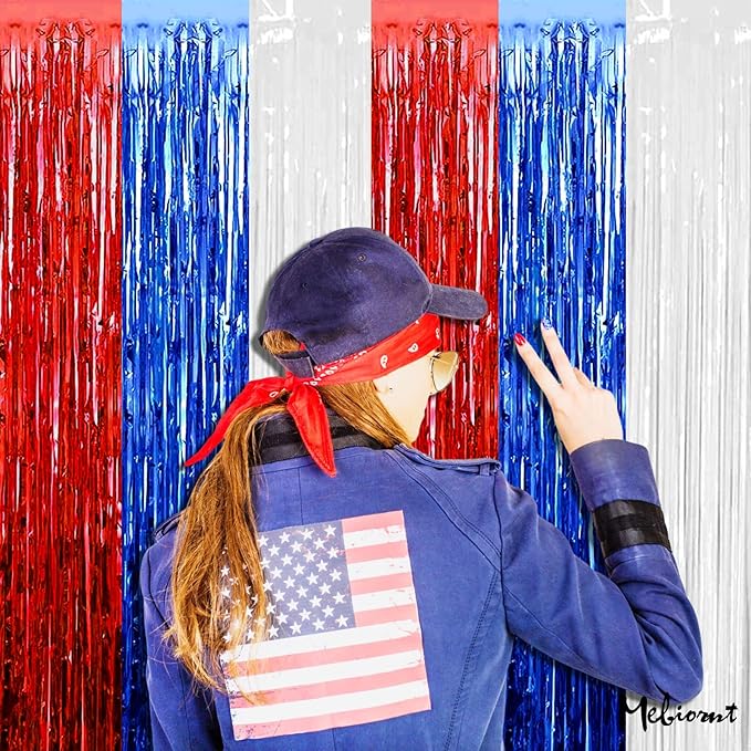 4 Pack 3.2Ft x 9.8Ft Independence Day Fringe Curtain Backdrop, Red Blue White Metallic Tinsel Foil Fringe Streamers Curtains Background for Photo Booth Birthday Wedding Carnival Party Decorations