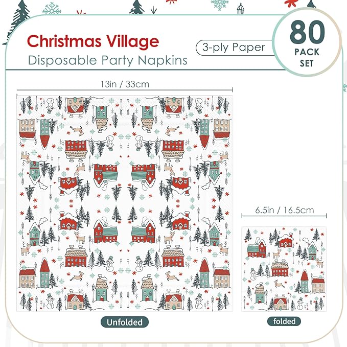 Christmas Paper Napkins Snow, House, Street 80 Pieces Party Disposable Dinner Paper Napkins for Christmas, Happy New Year