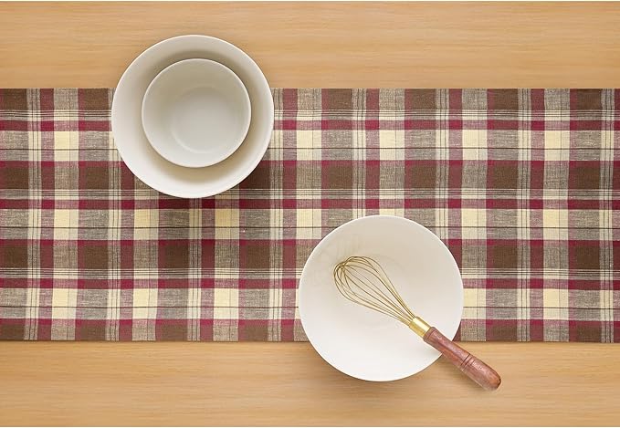 Solino Home Fall Table Runner 60 Inches - 100% Pure Linen Rustic Multicolor Tartan Plaid Short Table Runner 14 x 60 Inch Ideal for Dresser and Coffee Tables - Autumn, Thanksgiving