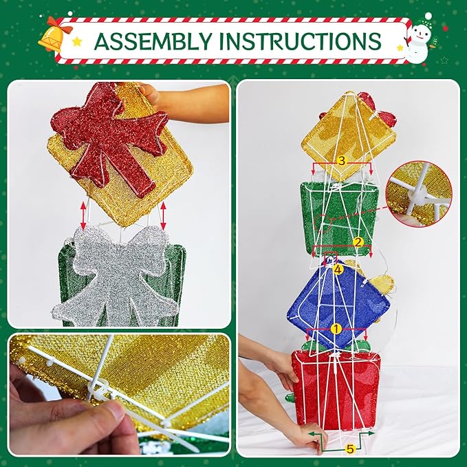 DomKom Set of 4 Flat Stacked Christmas Lighted Gift Boxes 40" Height - 2D Lighted Christmas Boxes with Built-in 200 LEDs & Bows - Indoor/Outdoor Plug-in Holiday Yard Display